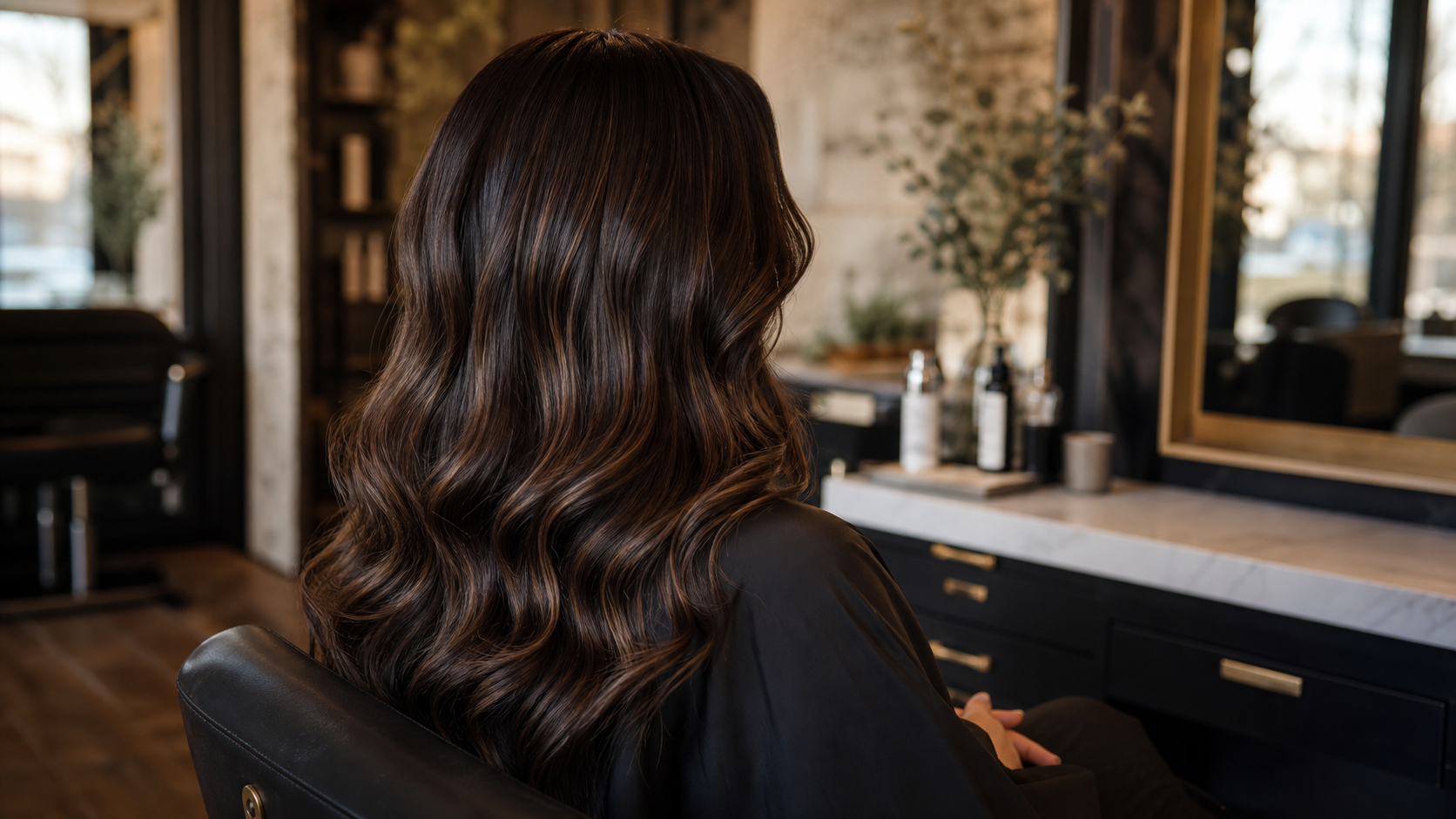 Glossy espresso brunette hair colour at Fluff Colour Salon in Denver