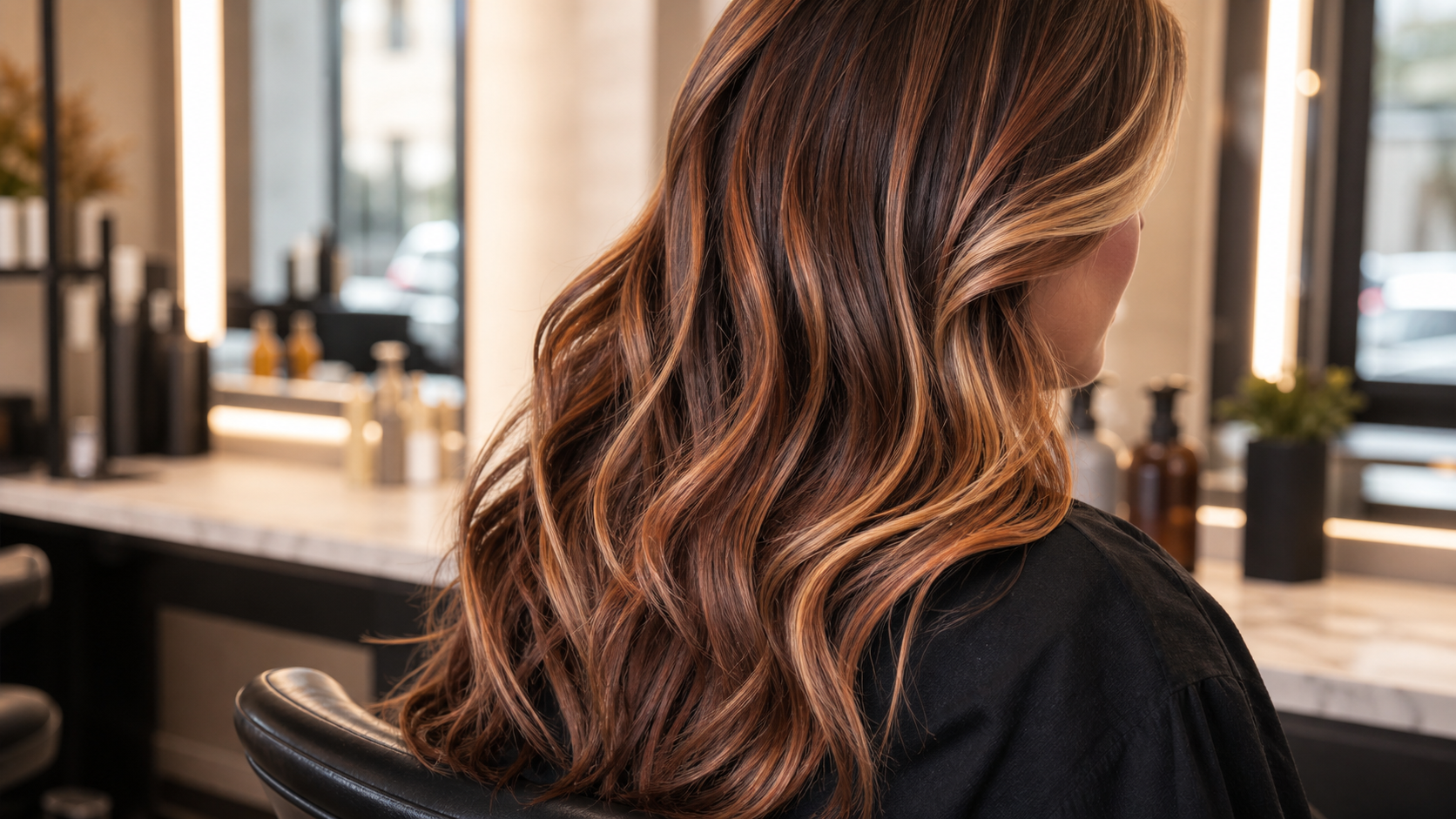 Warm dimensional brunette and copper hair colour trend at Fluff Colour Salon in Denver