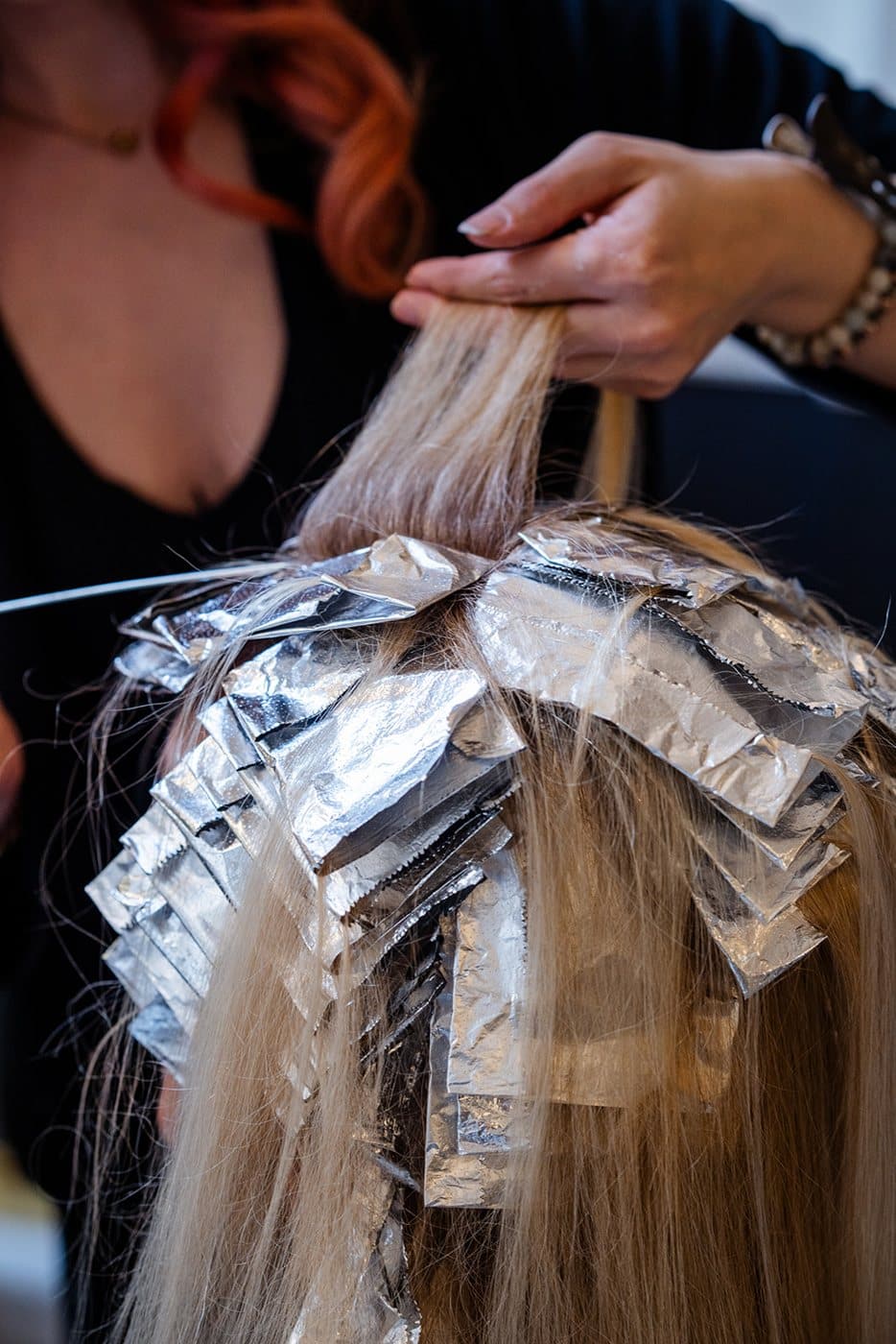 Foil highlights being applied at Fluff Colour Salon in Denver